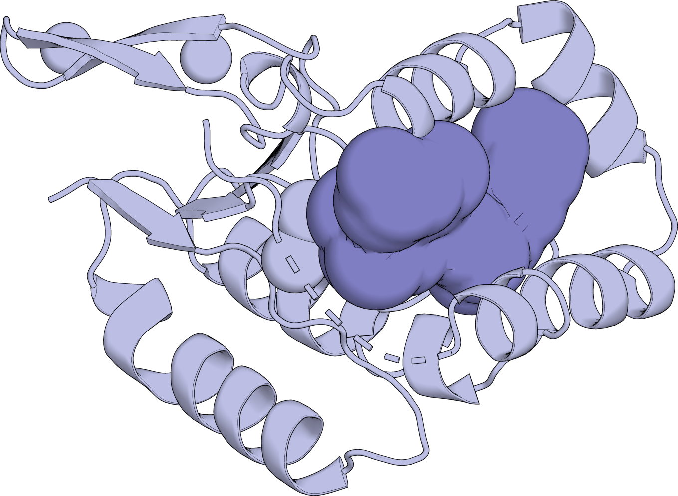 X-ray crystal structure of the lead compound bound in the active-site pocket of its bacterial target, shown as a cartoon ribbon protein with the ligand rendered as a space-filling surface.